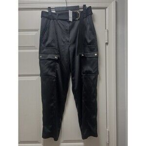 White House Black Market Pants 8 Black Satin Cargo Utility Gold Button Ankle NWT